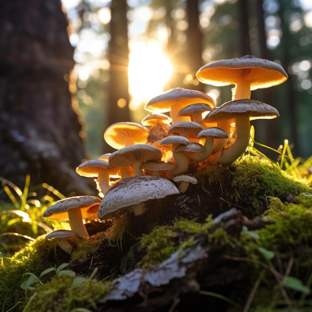 Photo un groupe de champignons poussant sur un tronc de mousse