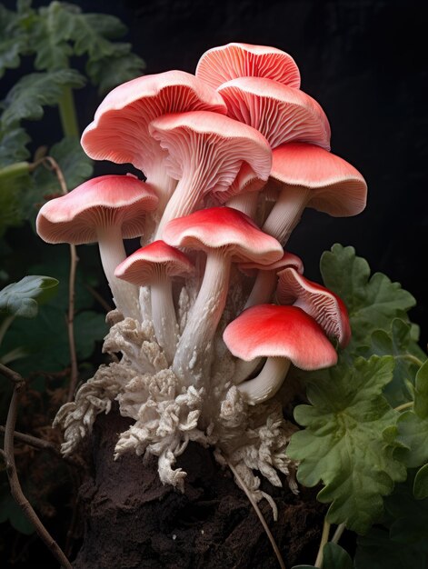 un groupe de champignons roses