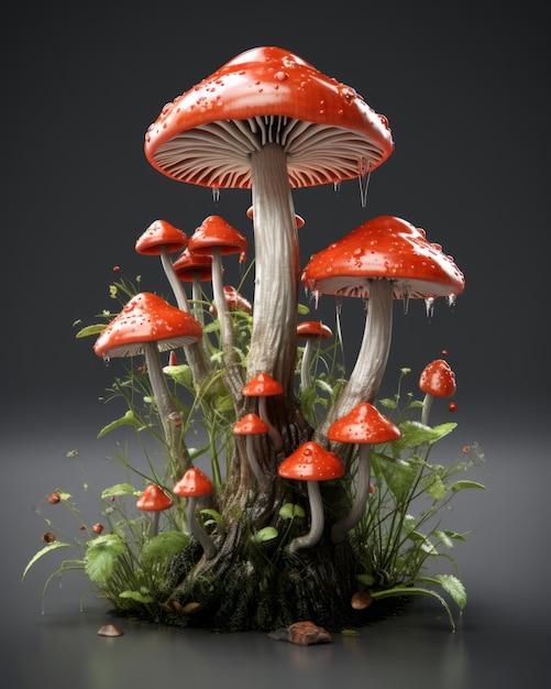 un groupe de champignons rouges sur fond sombre