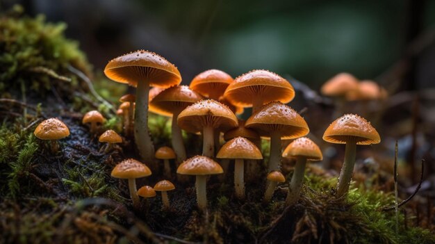 Un groupe de champignons sont sur une bûche moussue.