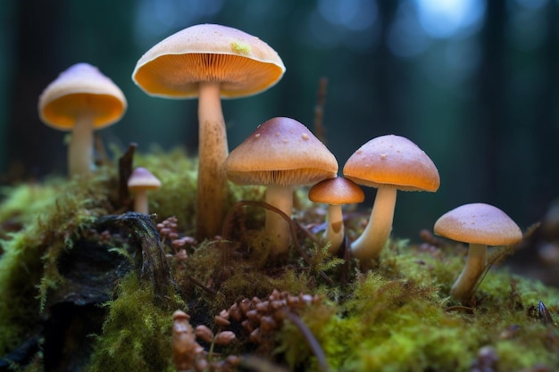 Un groupe de champignons sont sur une bûche moussue.