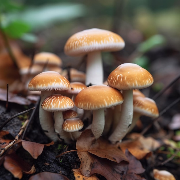 Un groupe de champignons sont dans les bois avec des feuilles sur le sol.