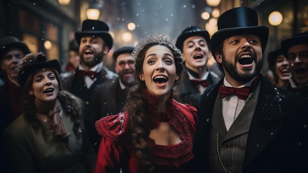 Un groupe de chanteurs habillés en tenue victorienne chantant dans une rue enneigée