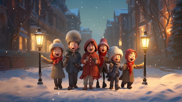 Un groupe de chanteurs joyeux chantant des chansons de Noël sous un lampadaire dans une scène d'hiver enneigée