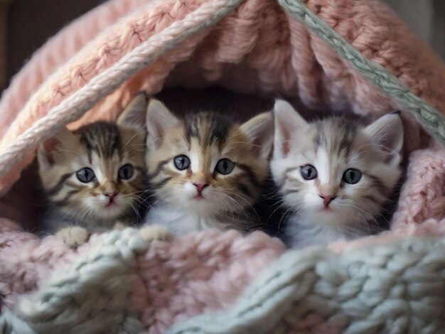 Photo un groupe de chatons adorables blottis ensemble dans un confortable fort de couvertures