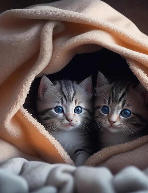 Un groupe de chatons assis sous une couverture