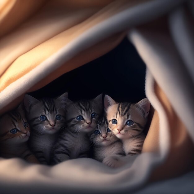 Un groupe de chatons assis sous une couverture