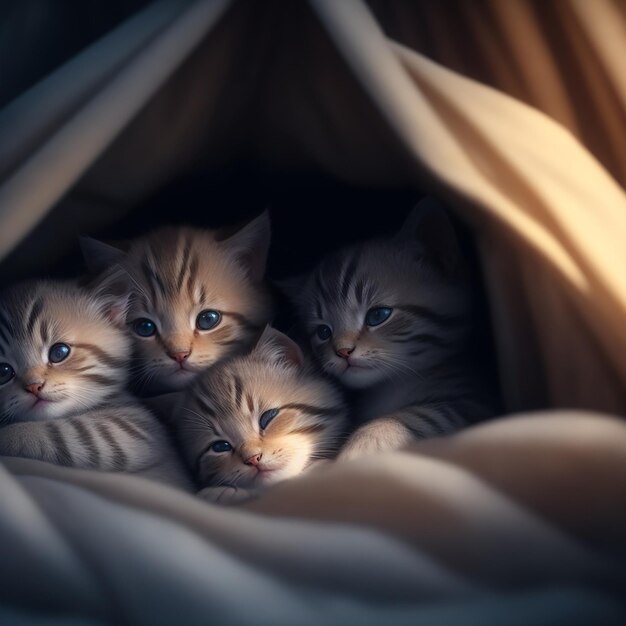 Un groupe de chatons assis sous une couverture