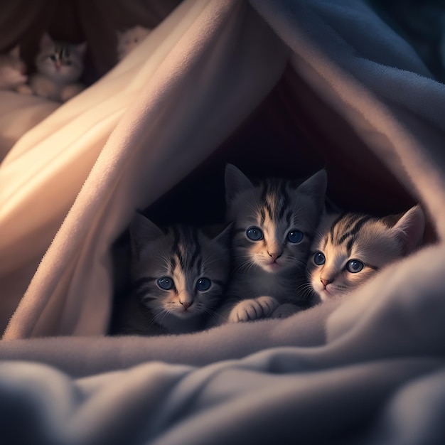 Un groupe de chatons assis sous une couverture