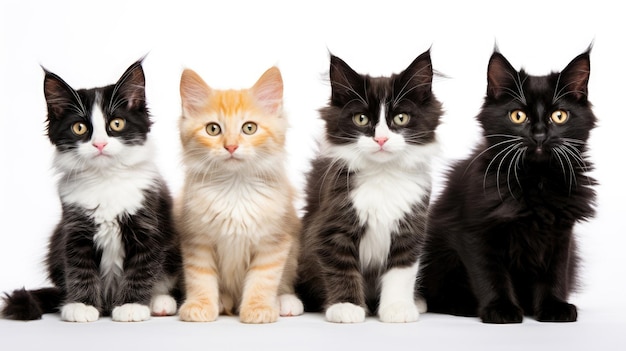 Groupe de chats assis de différentes races sur un fond blanc