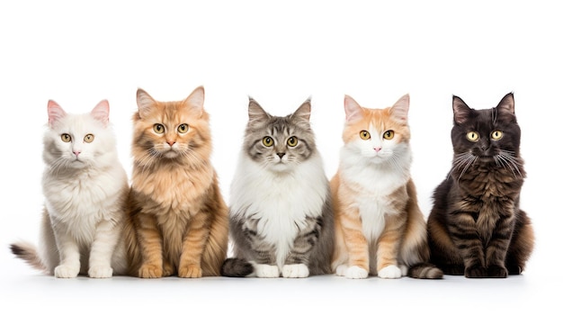 Groupe de chats assis de différentes races sur un fond blanc