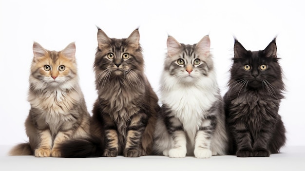 Groupe de chats assis de différentes races sur un fond blanc