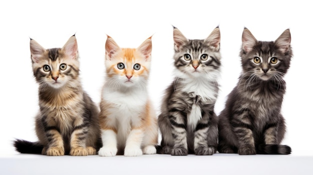 Groupe de chats assis de différentes races sur un fond blanc