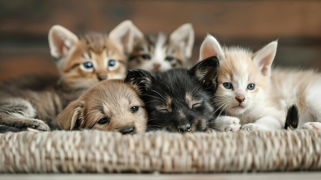 Un groupe de chats et de chiots mignons dormant dans un panier