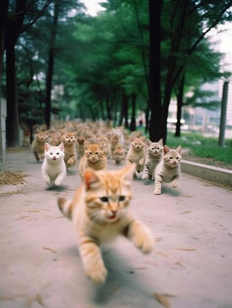 Un groupe de chats court dans une rue avec un qui dit " tabby ".