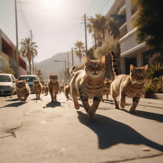 un groupe de chats court dans la rue.