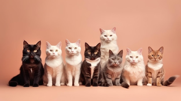 Un groupe de chats de différentes races multicolores drôles regarde dans l'appareil photo Chats sur un fond beige couleur pêche Animaux drôles Copiez l'espace Bannière AI générative