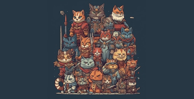 Un groupe de chats avec des épées et des armes