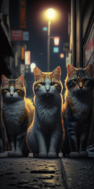 Un groupe de chats est assis dans une rue devant un panneau indiquant "chat"