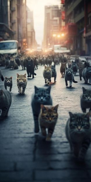 un groupe de chats marche dans une rue.