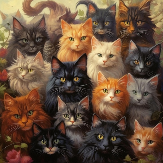 Un groupe de chats mignons, un motif sans couture, un papier peint pour la journée internationale du chat.