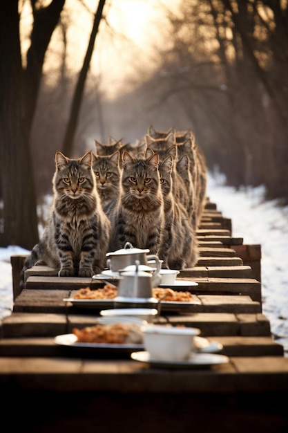 Photo un groupe de chats se tient sur une table avec de la nourriture