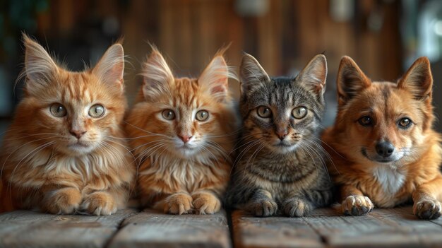 Un groupe de chats sur une table en bois