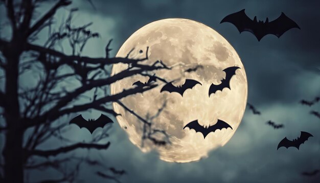 Photo un groupe de chauves-souris volant devant une pleine lune