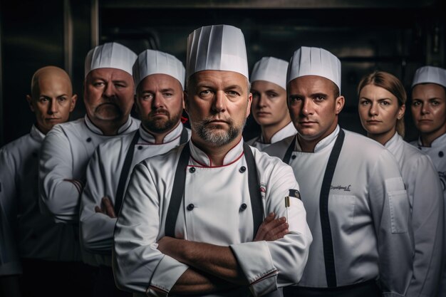 Photo le groupe de chefs en uniforme prêt au travail.