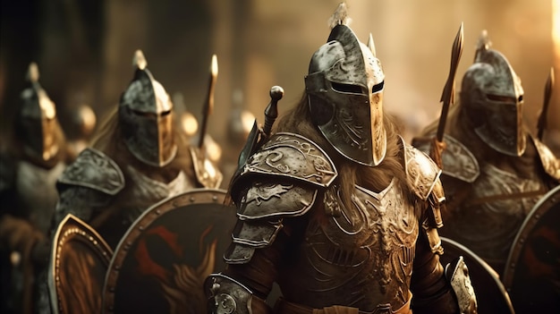 un groupe de chevaliers en armure complète debout dans une rangée