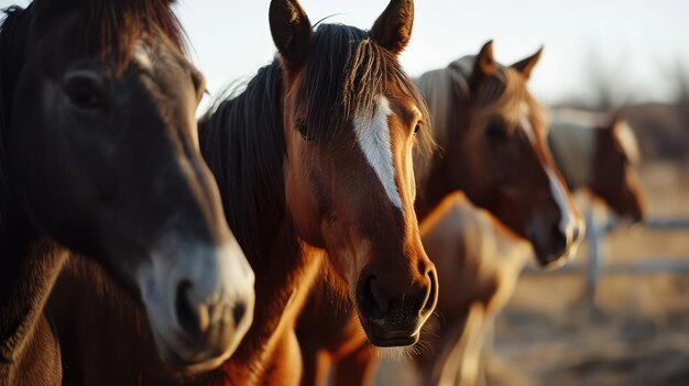 Un groupe de chevaux bruns paissant sur un ranch libre