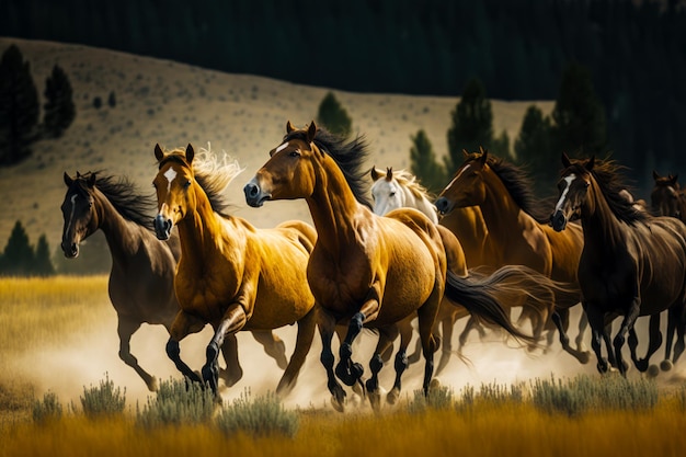 Groupe de chevaux courant dans un champ avec une montagne en arrière-plan AI générative