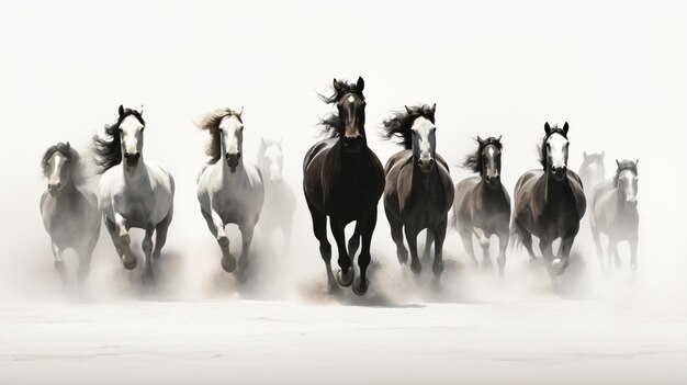 Un groupe de chevaux courant dans une ligne sur une journée brumeuse