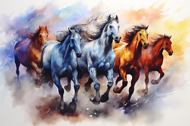 Un groupe de chevaux courant dans le vent art coloré