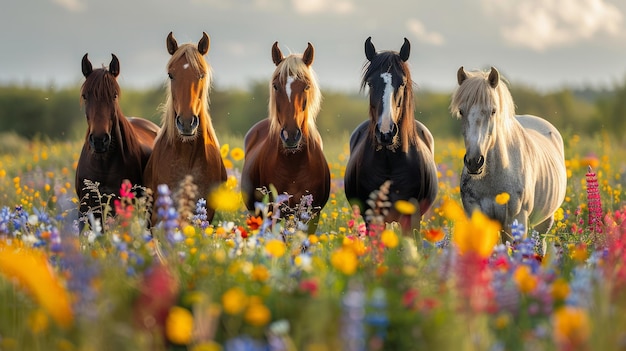 Photo un groupe de chevaux debout dans un champ de fleurs