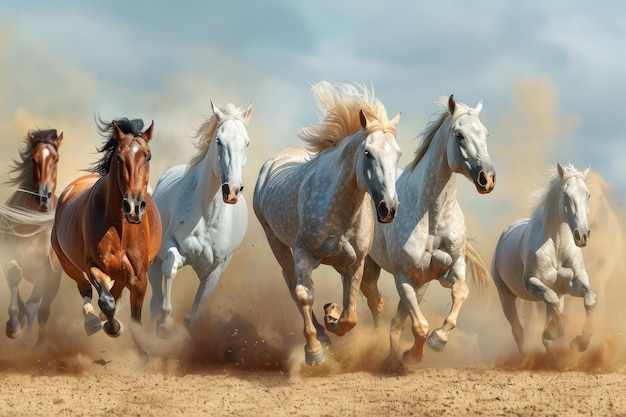 Un groupe de chevaux galopant dans le désert.