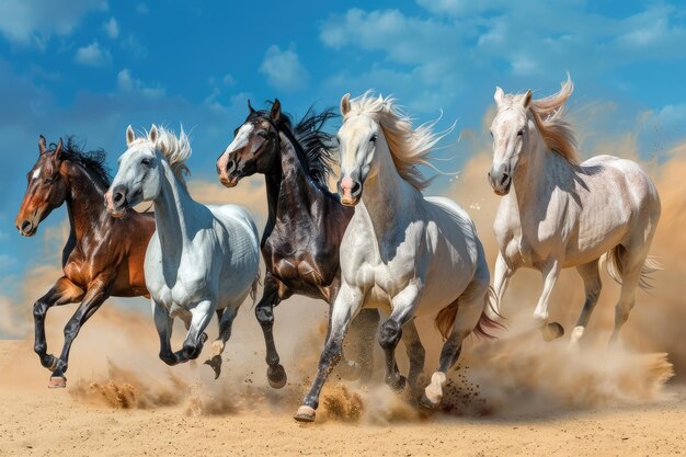 Un groupe de chevaux galopant dans le désert.