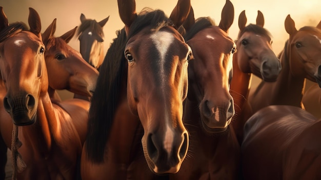 Un groupe de chevaux se tient devant un coucher de soleil.