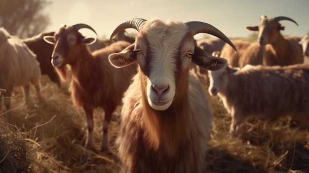 Un groupe de chèvres à cornes en gros plan marron et blanc est rassemblé dans un champ par une journée ensoleillée