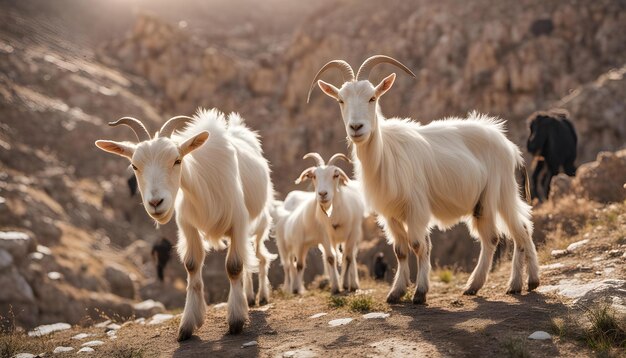 un groupe de chèvres se tiennent sur un chemin de terre