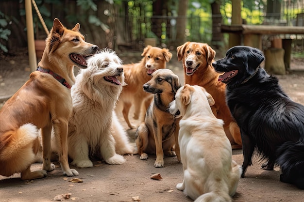 Groupe de chiens assis en cercle se regardant avec des queues agitées créées avec une IA générative