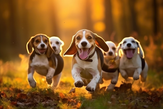 Un groupe de chiens beagle mignons et drôles qui courent et jouent.