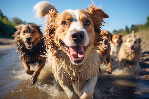 Un groupe de chiens courant dans l'eau