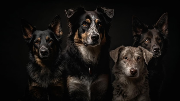 Un groupe de chiens dans une pièce sombre