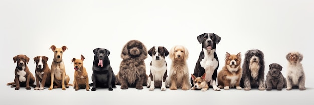 Groupe de chiens de différentes races assis sur un fond blanc