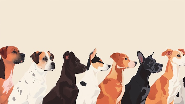 Photo un groupe de chiens de différentes races sont assis dans une rangée les chiens regardent tous dans la même direction les chiens sont de couleurs et de tailles différentes
