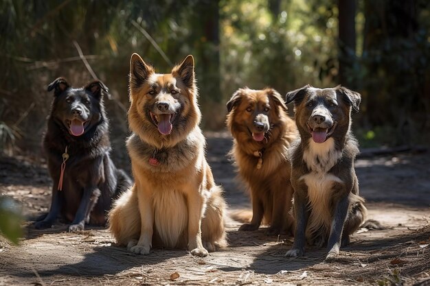 Un groupe de chiens enjoués prend un moment pour se détendre à l'ombre, la langue tirée