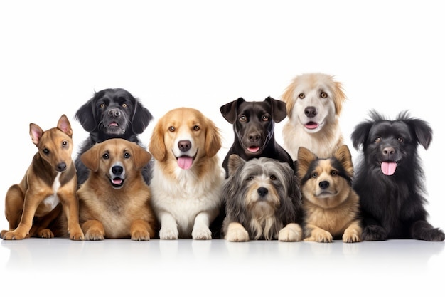 Un groupe de chiens est aligné devant un fond blanc.