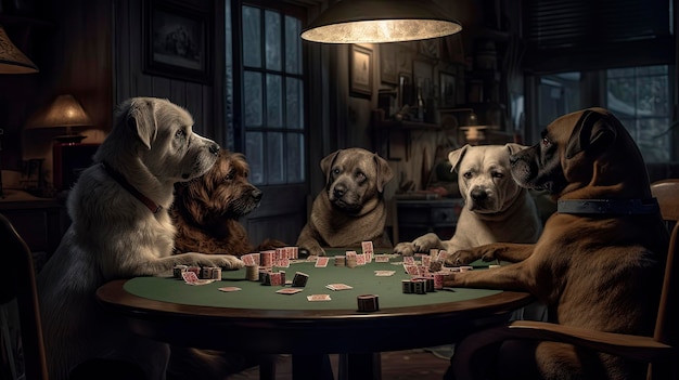 Groupe de chiens jouant au poker à une table dans une pièce sombre