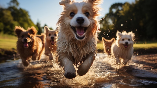 Un groupe de chiens mignons et drôles qui courent et jouent sur l'herbe verte dans un parc.